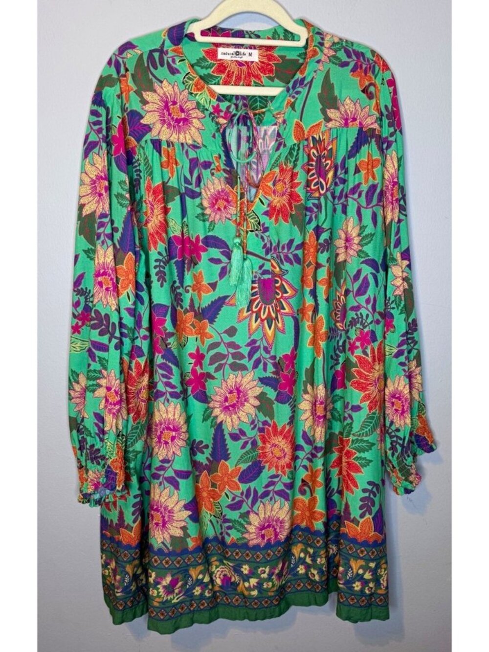 Natural Life dress medium Floral V-Neck Tie Tassel Long Sleeve Women M